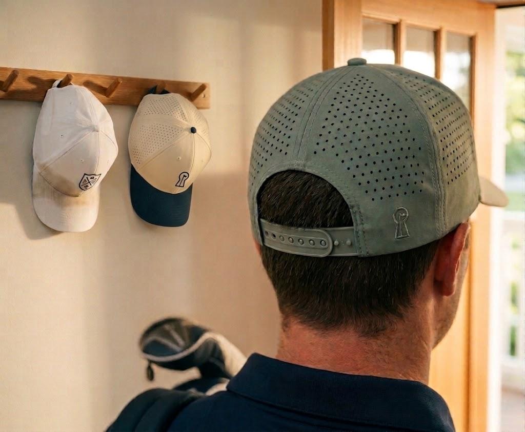 A premium Made Once golf hat by the entryway